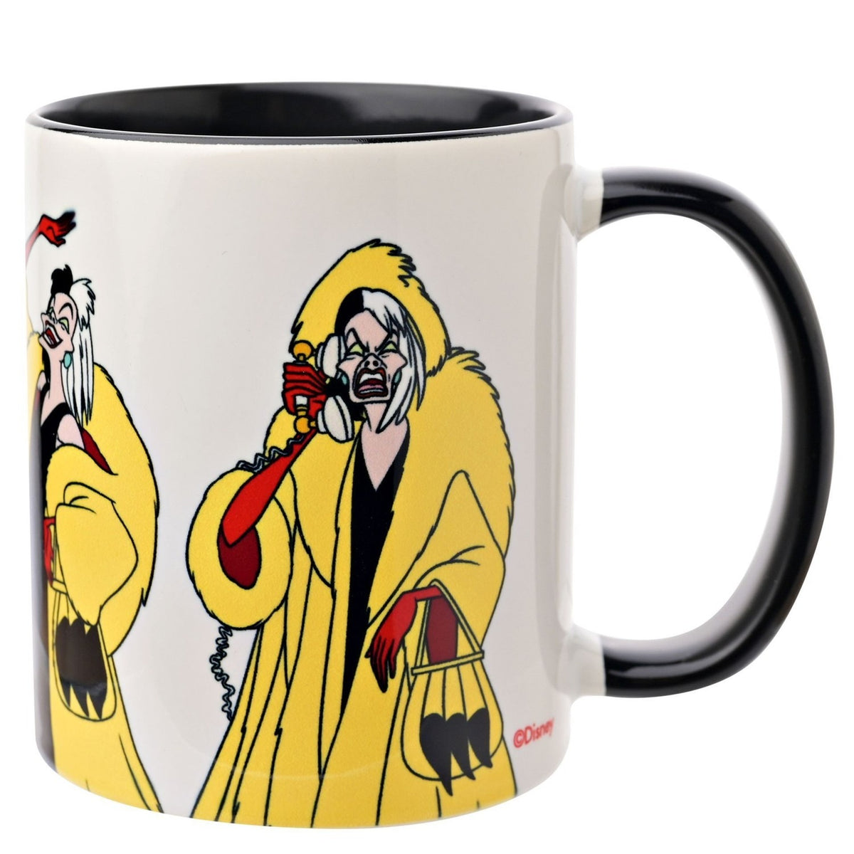 Gloss stoneware mug, 325ml, with white body and black handle and interior, featuring bold yellow, red and black Cruella illustrations including one pose on the phone in a yellow fur coat.