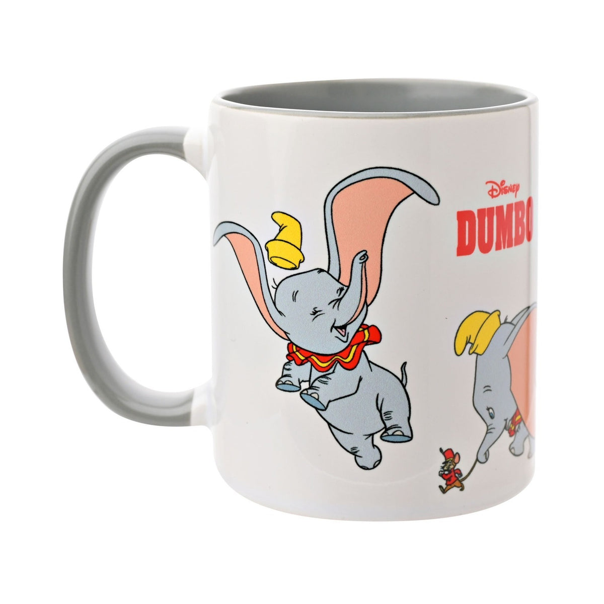 White stoneware Dumbo Elephant mug, 325ml, with grey handle and interior, featuring Disney's Dumbo in playful poses with a mouse, on a plain white background.