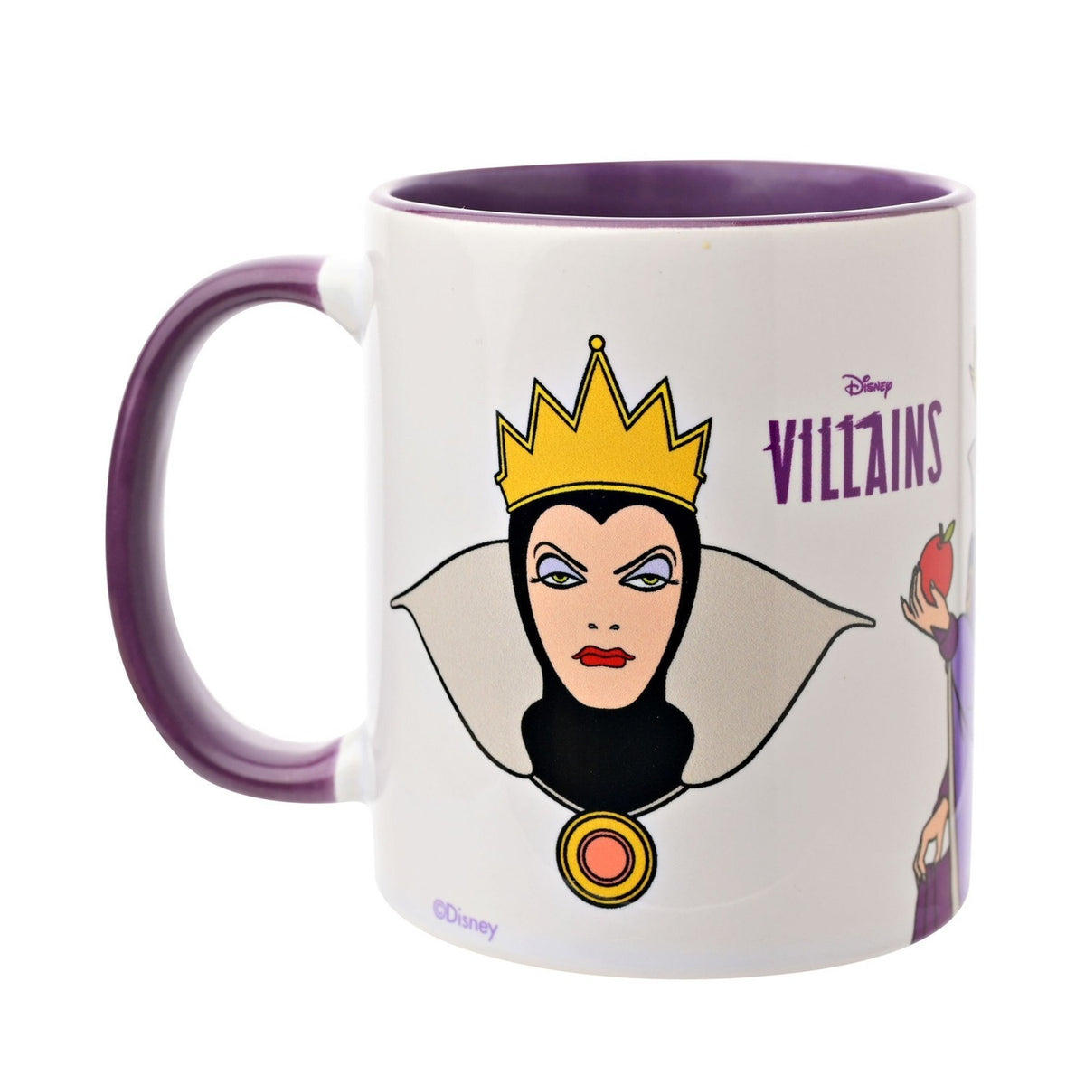 White stoneware Evil Queen mug with purple handle and interior, featuring a close-up portrait of the Evil Queen in crown and collar, with "Disney Villains" text, on a plain background.