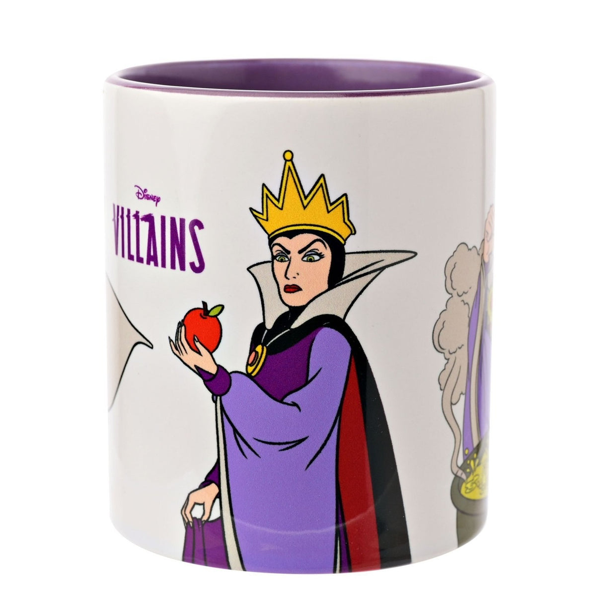White stoneware Evil Queen mug with purple interior and handle, showing her holding a red apple beside "Disney Villains" text, on a plain white background.