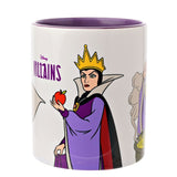 White stoneware Evil Queen mug with purple interior and handle, showing her holding a red apple beside "Disney Villains" text, on a plain white background.