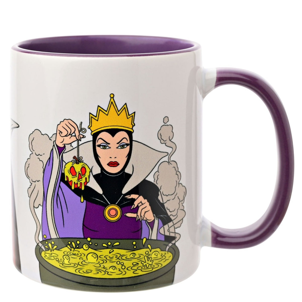 White stoneware mug with purple interior and handle, printed with the Evil Queen in a crown holding a glowing apple over a bubbling yellow cauldron, on a white background.