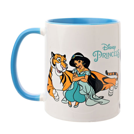 White stoneware mug with light blue handle and interior, featuring Jasmine seated with arms folded beside a lounging tiger and "Disney Princess" text, on a plain white background.