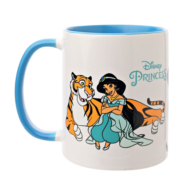 White stoneware mug with light blue handle and interior, featuring Jasmine seated with arms folded beside a lounging tiger and "Disney Princess" text, on a plain white background.
