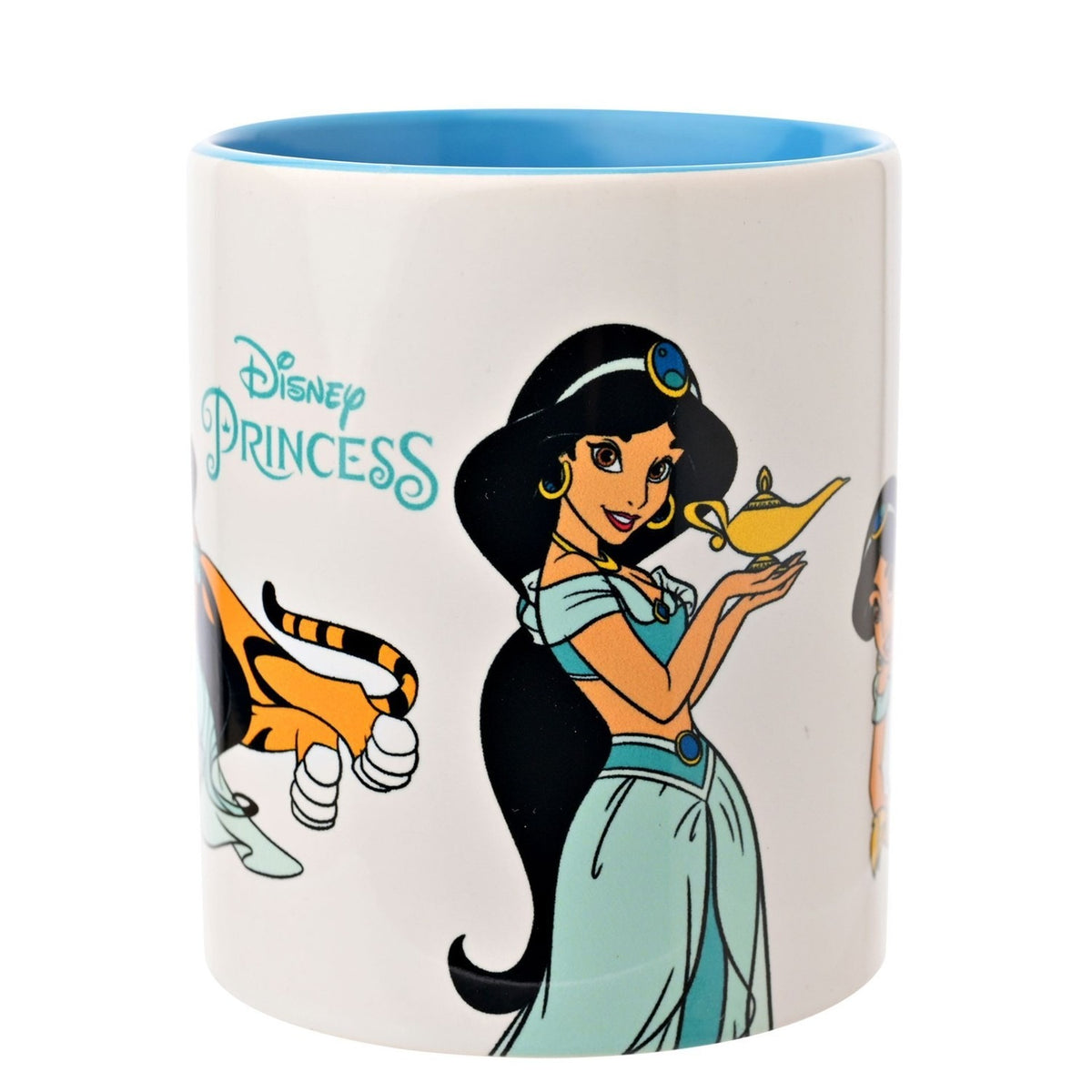 White stoneware mug with light blue interior, featuring printed scenes of Jasmine holding a golden lamp beside Rajah the tiger, "Disney Princess" text, shown on a plain white background.