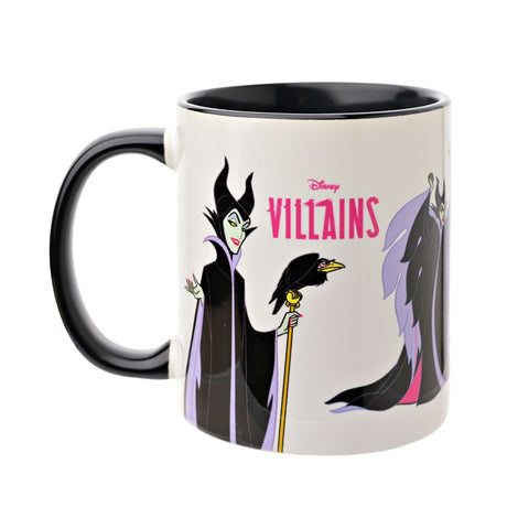 White stoneware mug with black handle and interior, printed with Maleficent holding her staff and raven, "Disney Villains" text, on a plain white background.