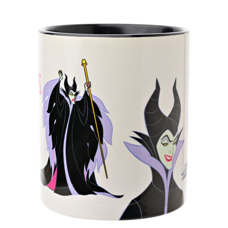 White stoneware Maleficent mug with black interior and handle, 325ml, showing her full figure with staff and a close portrait with horned headdress and lilac collar.