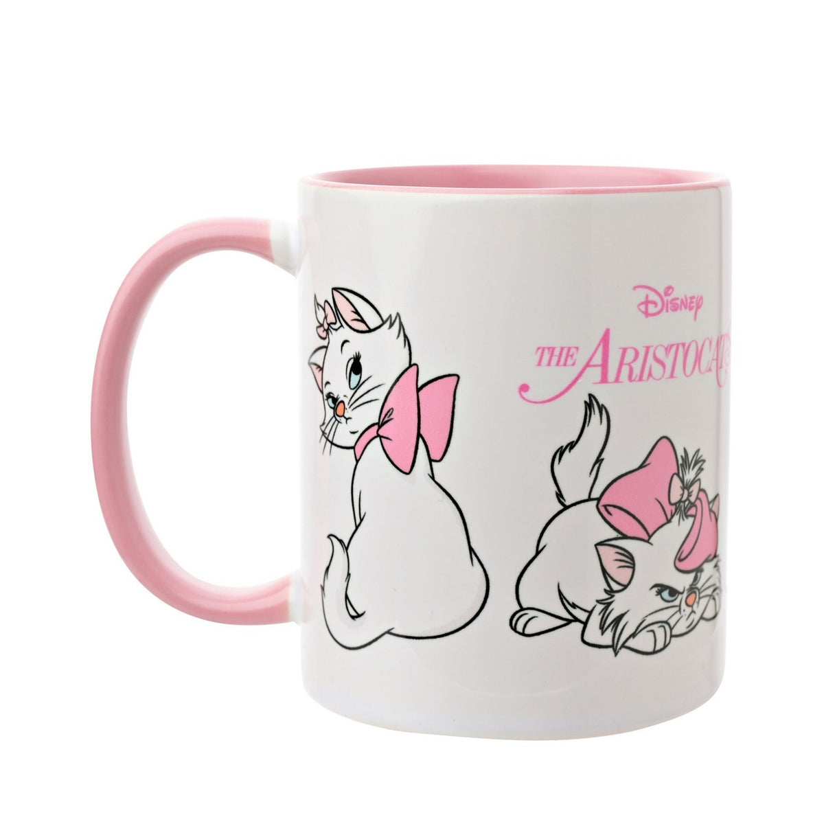 Glossy white stoneware mug featuring Marie from The Aristocats in four poses with pink bows, a pink handle and pink interior, on a plain white background.