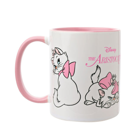 Glossy white stoneware mug featuring Marie from The Aristocats in four poses with pink bows, a pink handle and pink interior, on a plain white background.