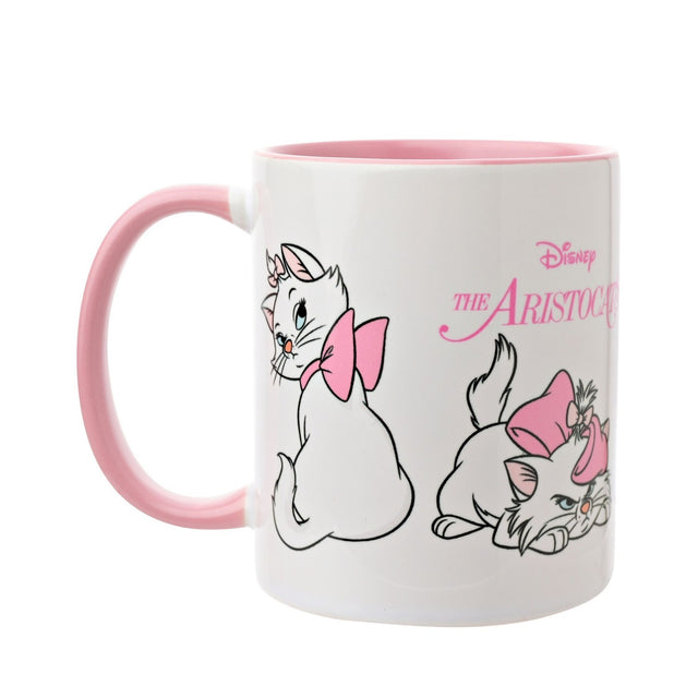 Glossy white stoneware mug featuring Marie from The Aristocats in four poses with pink bows, a pink handle and pink interior, on a plain white background.