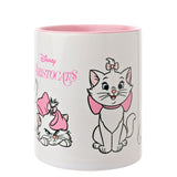 White glossy stoneware mug, 325ml, with pink interior and handle, featuring Marie from The Aristocats in multiple poses with pink bows, shown on a plain white background.