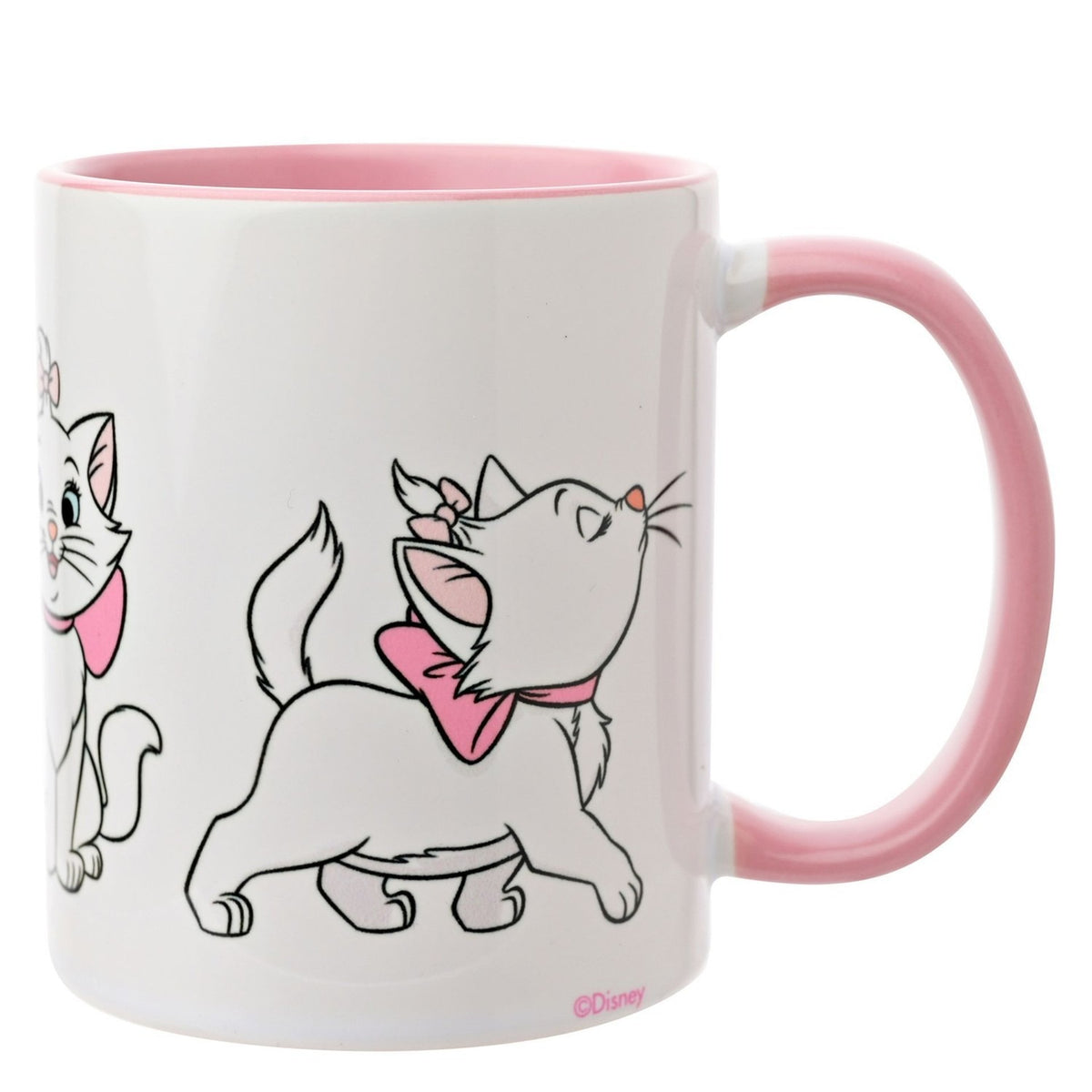Glossy white stoneware mug with pink interior and handle, featuring Marie from The Aristocats in multiple poses with pink bows, shown on a plain white background.