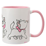Glossy white stoneware mug with pink interior and handle, featuring Marie from The Aristocats in multiple poses with pink bows, shown on a plain white background.