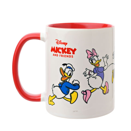 White gloss stoneware mug, 325ml, with red interior and handle, featuring Disney Mickey and Friends characters including Donald and Daisy Duck running across the side.