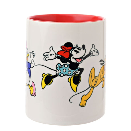 White gloss stoneware mug, 325ml, with red interior, featuring Minnie Mouse, Daisy Duck, and Pluto in a printed cartoon design on a plain white background.