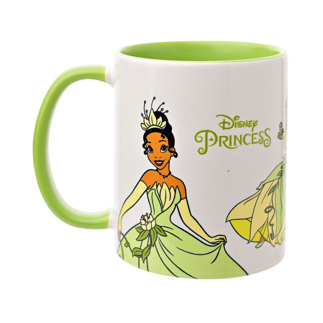 White stoneware Tiana mug, 325ml, with lime green handle and interior, featuring the Disney Princess in a flowing green gown and "Disney Princess" logo, on a plain white background.
