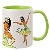 White stoneware Tiana mug, 325ml, with lime green handle and interior, featuring illustrations of Tiana in a portrait pose and a dancing pose on a plain white background.