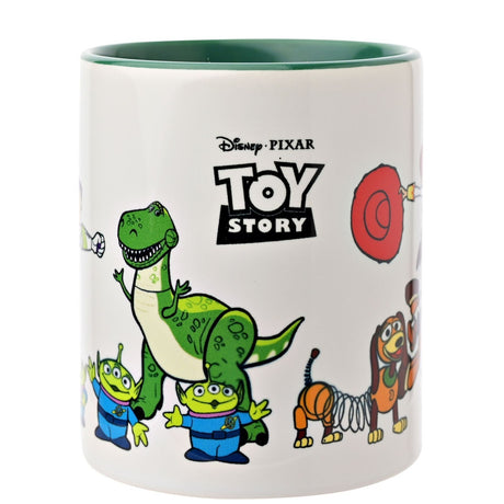 Toy Story 4 stoneware mug, 325ml, white glossy body with green interior and handle, featuring Rex, Hamm, three-eyed aliens and the Toy Story logo, on a plain background.