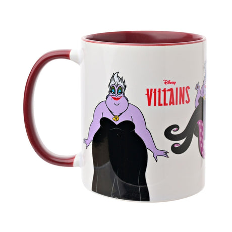 White stoneware Ursula mug, 325ml, with dark red handle and interior, printed with a purple Ursula illustration and black tentacles, "Disney Villains" text, plain white background.