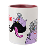 White stoneware mug with dark red handle and interior, featuring printed Ursula illustrations with purple skin and black tentacles, shown on a plain white background.