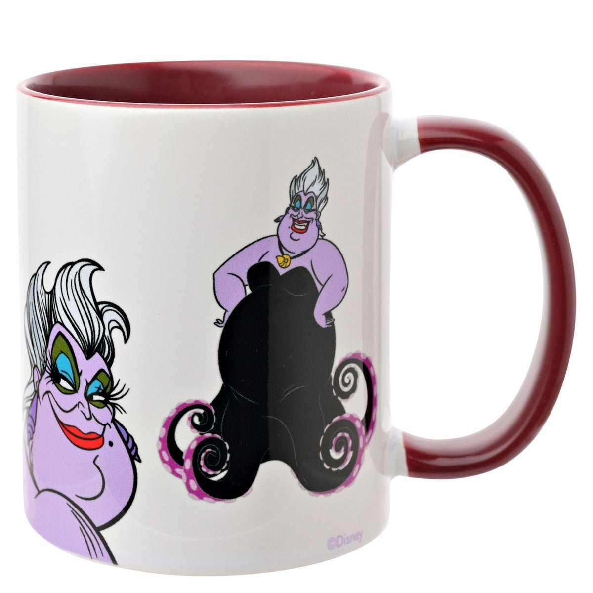Ursula Stoneware Mug 325ml, white gloss ceramic body with dark red handle and interior, printed with two illustrated Ursula portraits, shown on a plain white background.