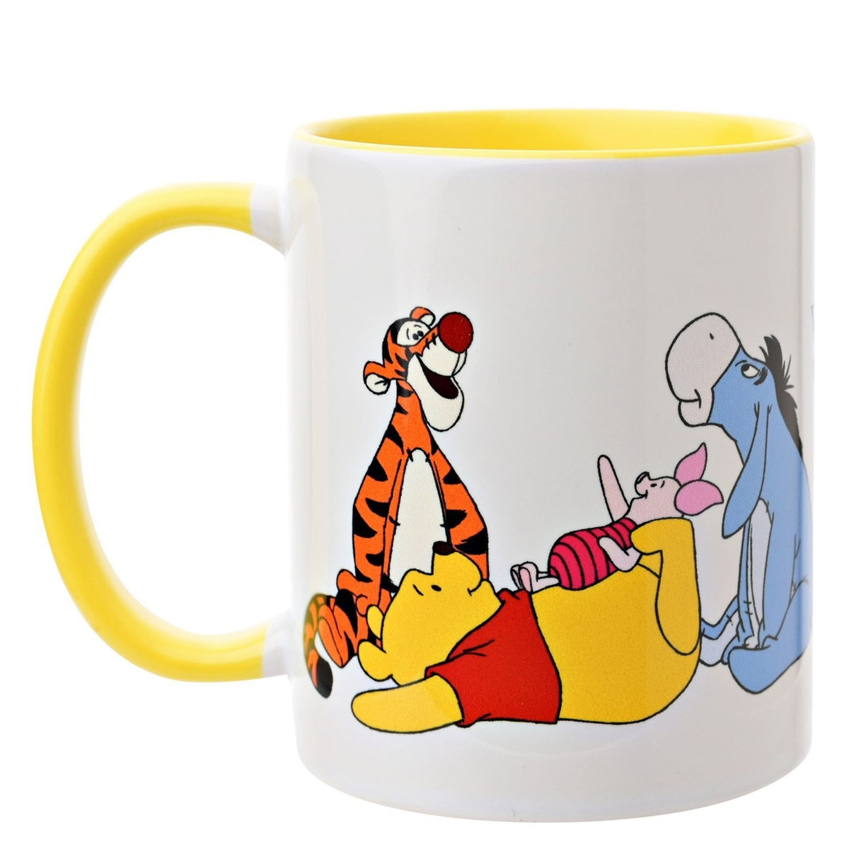 White stoneware mug, 325ml, with yellow interior and handle, printed with Winnie the Pooh, Tigger, Piglet and Eeyore in a relaxed scene on a white background.