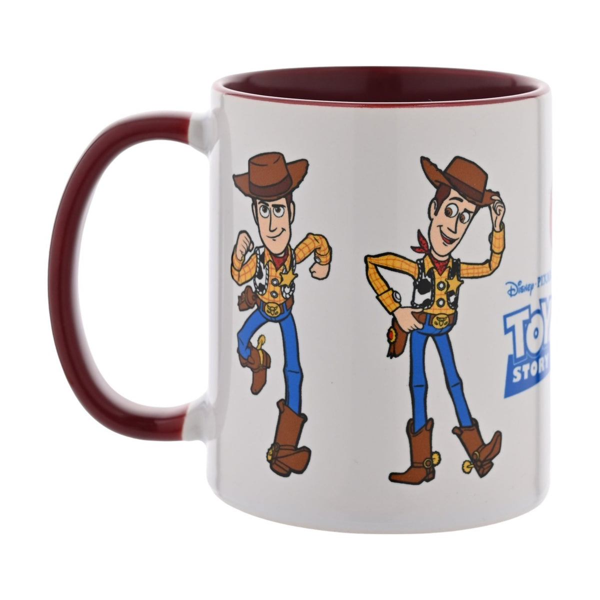 White stoneware mug with burgundy handle and interior, featuring Woody from Toy Story in two poses with the Toy Story logo, 325ml, on a plain white background.