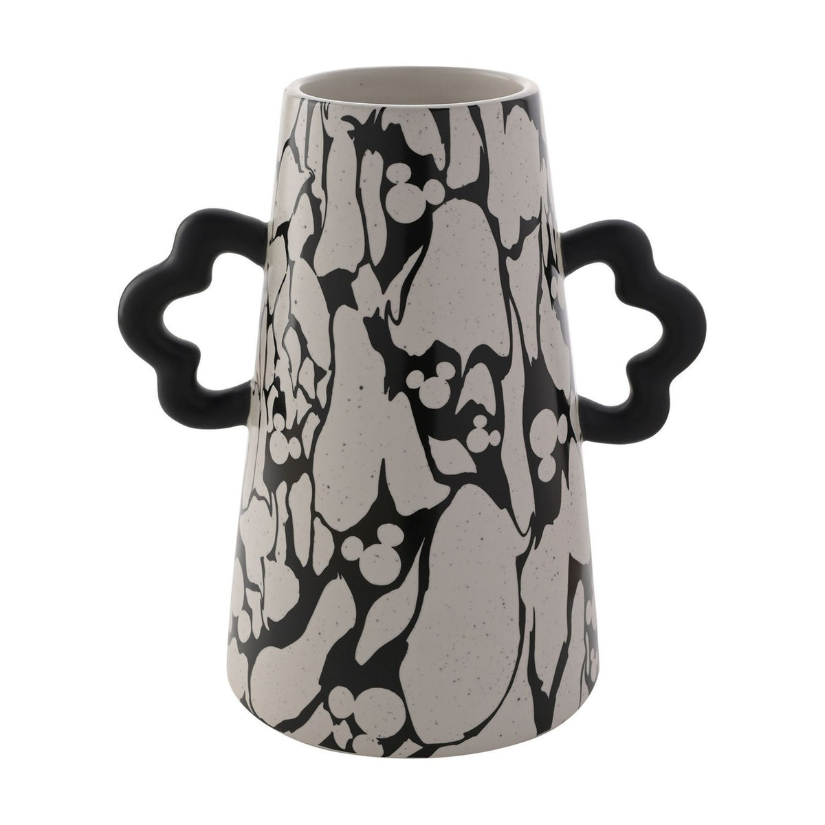 Large ceramic vase with a black marbled pattern over speckled white, hidden Mickey Mouse shapes, tapered body, and two black wavy handles, shown on a plain white background.