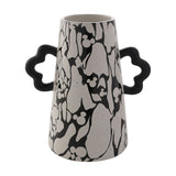 Large ceramic vase with a black marbled pattern over speckled white, hidden Mickey Mouse shapes, tapered body, and two black wavy handles, shown on a plain white background.
