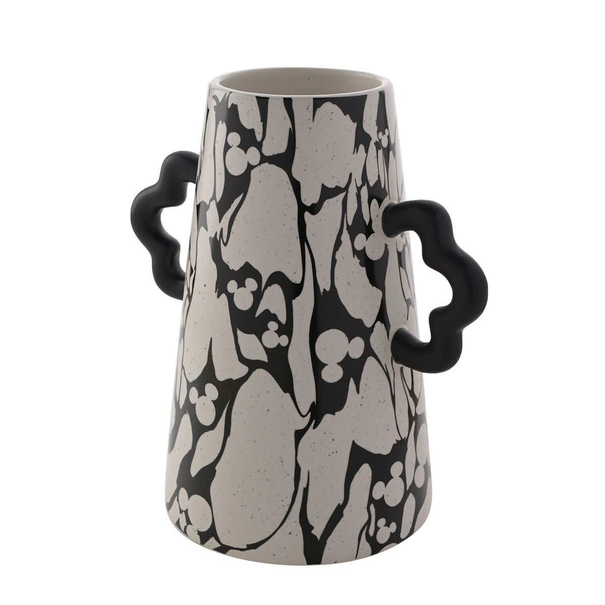 Large ceramic vase with a tapered body in black marbled and white speckled pattern featuring hidden Mickey Mouse heads, with two wavy black handles, on a plain white background.