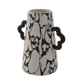Large ceramic vase with a tapered body in black marbled and white speckled pattern featuring hidden Mickey Mouse heads, with two wavy black handles, on a plain white background.