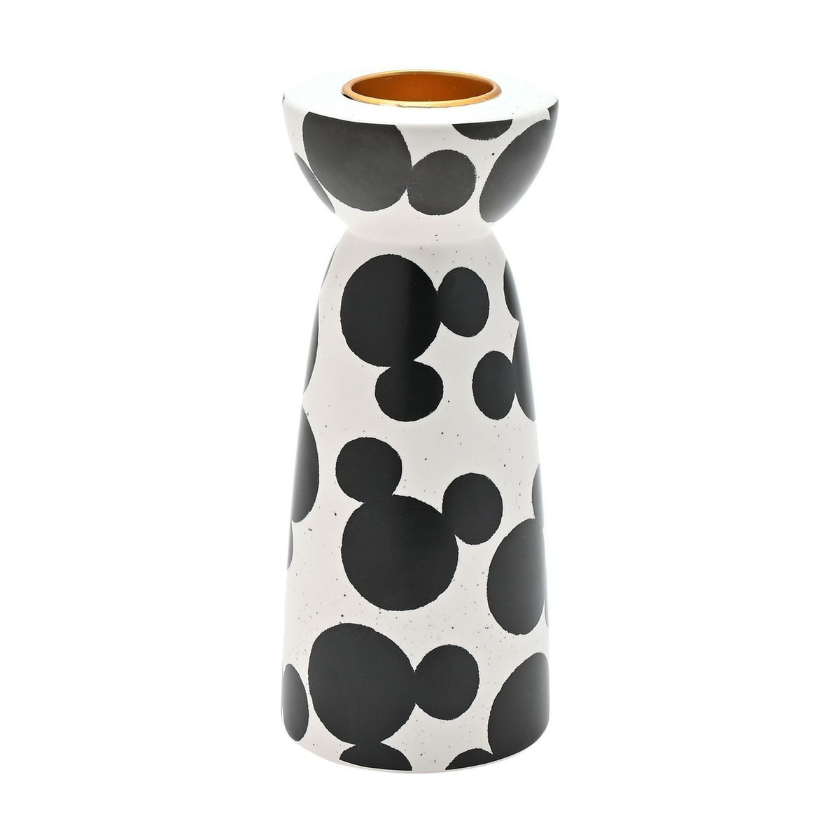 Ceramic tealight candle holder with scattered black Mickey Mouse head shapes on a white speckled finish, rounded cup with gold-coloured insert, narrow waist and tapered base, on a plain background.