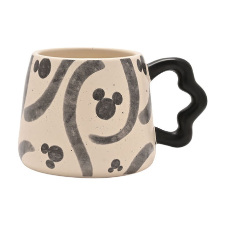 Mickey Mouse Shapes Speckled Stoneware Mug 300ml in white, tapered ceramic body with charcoal grey swirls and Mickey head motifs, curved black handle, shown on a plain white background.