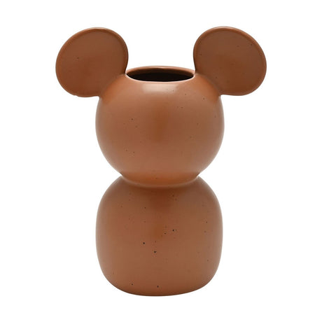 Mickey Mouse shaped ceramic vase in speckled brown glaze, with rounded ears either side of the opening above a stacked rounded body, shown on a plain white background.