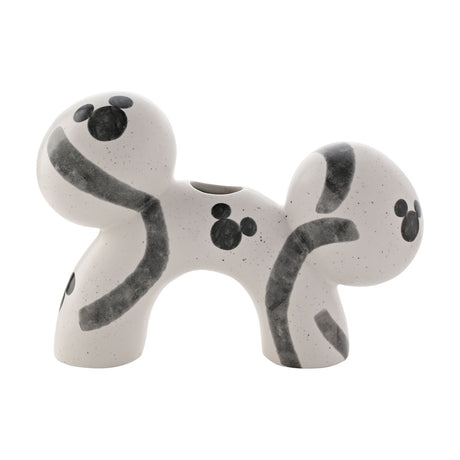Arched Mickey Mouse shaped ceramic vase in speckled white with grey brushstrokes and small Mickey head motifs, arched legs, on a plain white background.