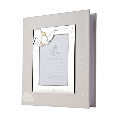 Grey Dumbo photo album with a silver metal frame on the front cover, holding a 6 x 4in portrait photo window decorated with stars, shown at an angle on a white background.