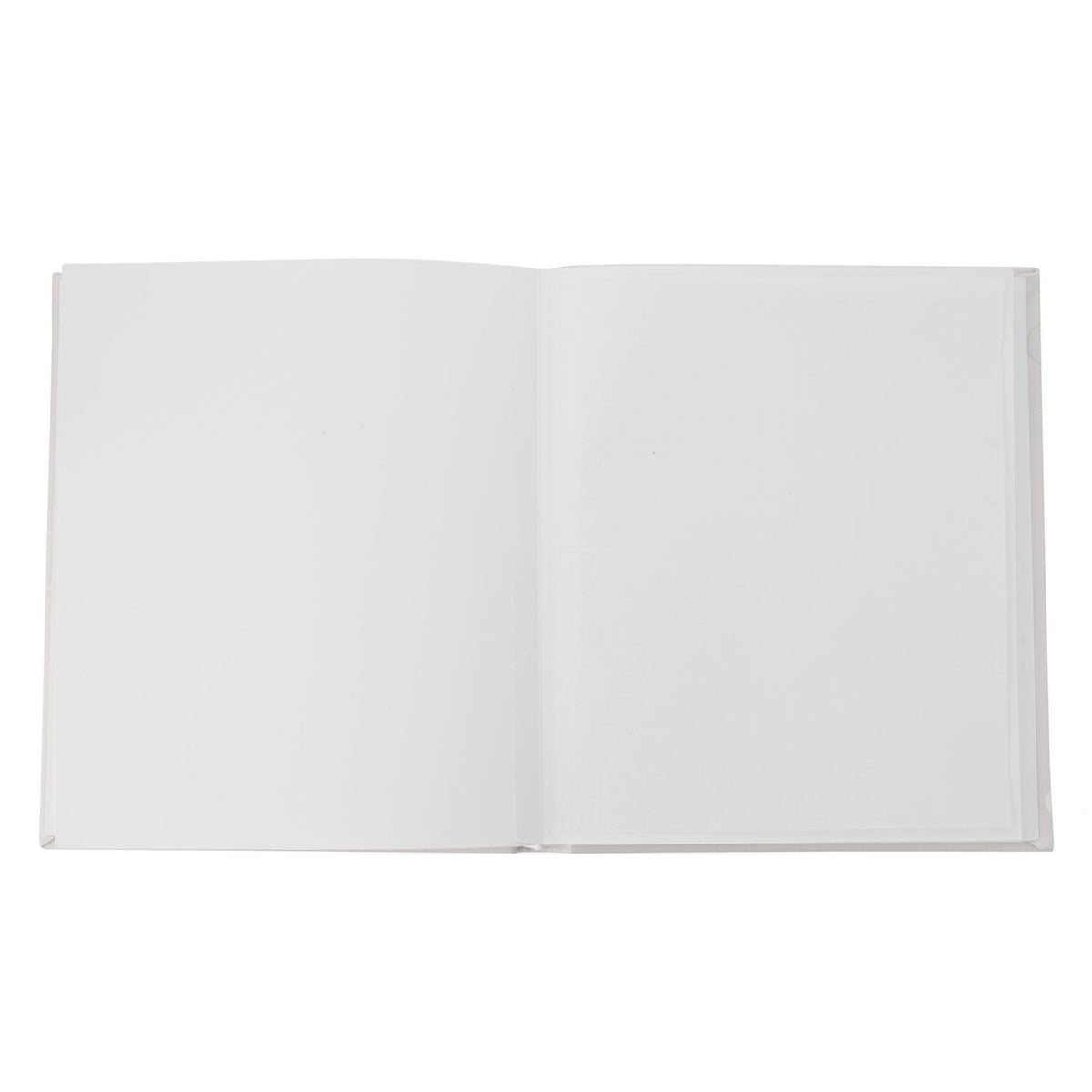 Dumbo Photo Album 6 x 4in with Silver Frame, open to show blank white pages with clear photo sleeves, grey cover visible at edges, on a plain background.