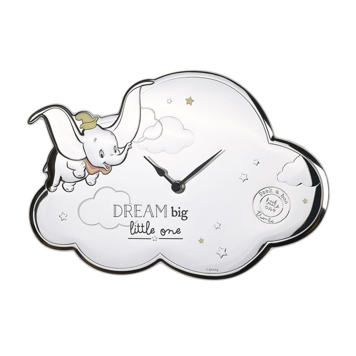 Cloud-shaped silver wall clock featuring a flying Dumbo with yellow hat and pink collar, embossed clouds and stars, "DREAM big little one" text, and dark clock hands on a white background.