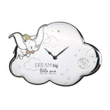 Cloud-shaped silver wall clock featuring a flying Dumbo with yellow hat and pink collar, embossed clouds and stars, "DREAM big little one" text, and dark clock hands on a white background.