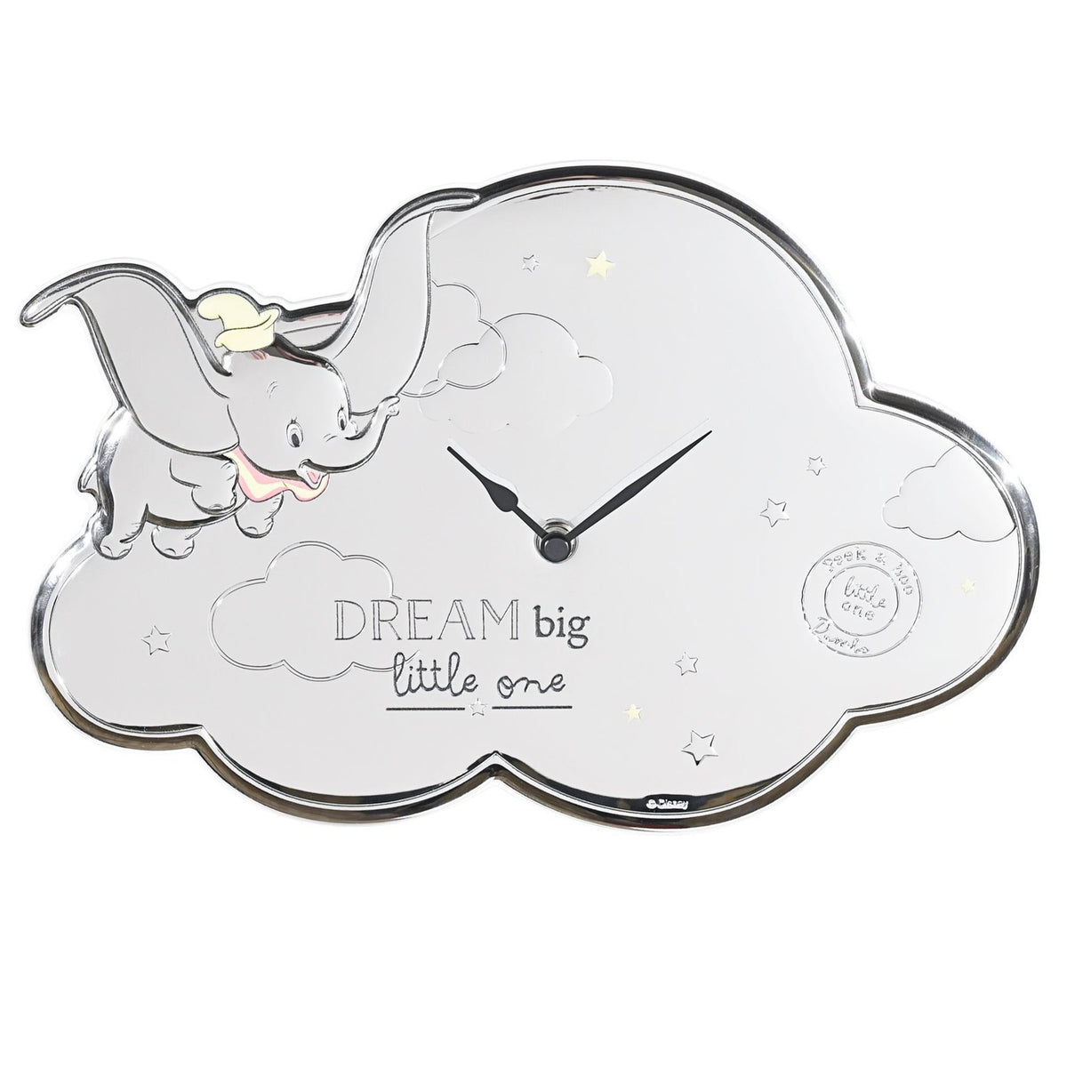 Cloud-shaped silver wall clock featuring an embossed flying Dumbo, stars, and "DREAM big little one" text, with black hands, on a plain white background.