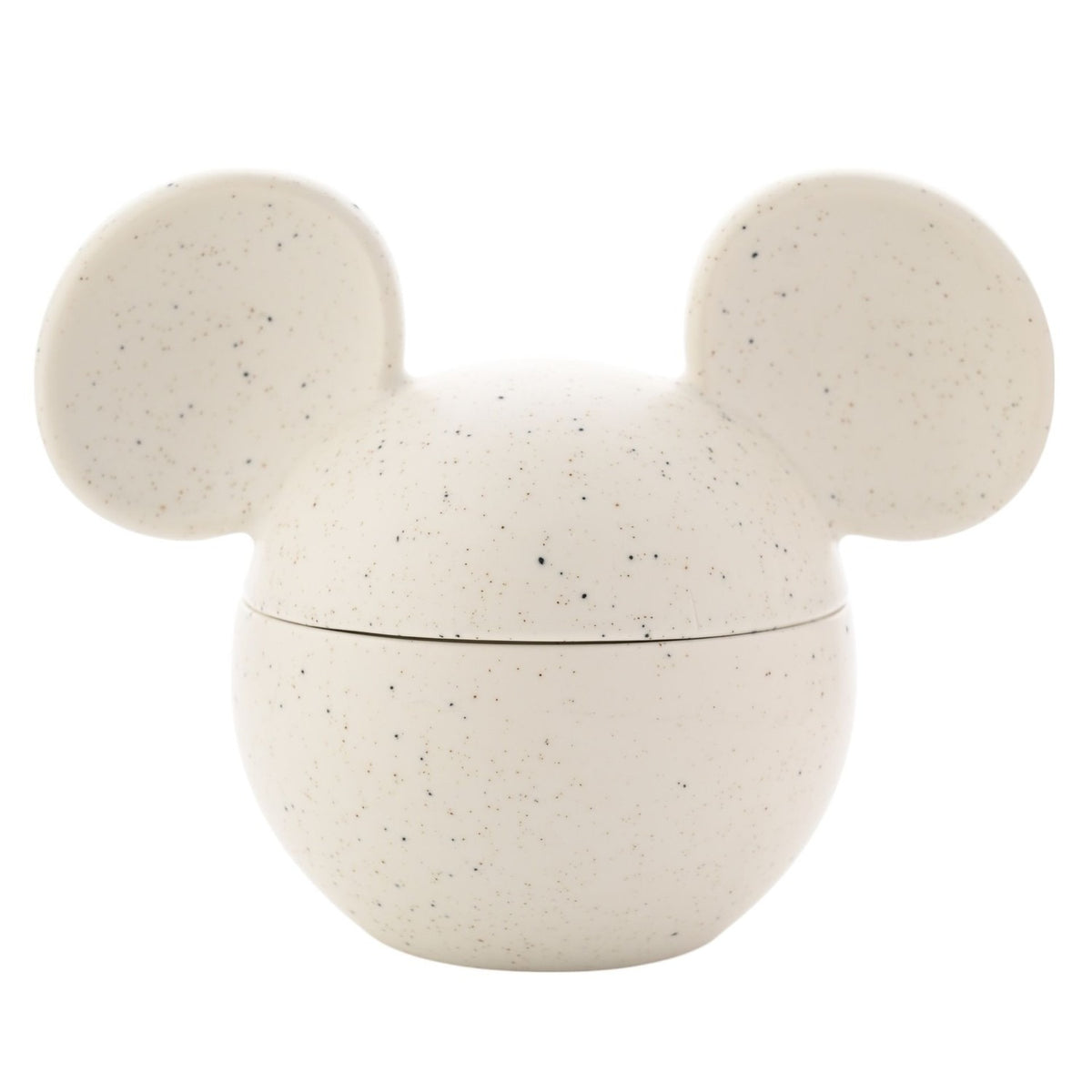 Mickey Mouse Head Ceramic Vessel fragranced candle in white speckled ceramic with round ear-shaped lid, shown closed on a plain white background.