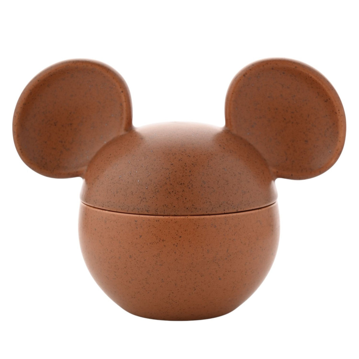 Mickey Mouse Ceramic Vessel Scented Candle in terracotta, a round speckled ceramic pot shaped like his head with lidded ears, shown on a plain white background.