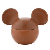 Mickey Mouse Ceramic Vessel Scented Candle in terracotta, a round speckled ceramic pot shaped like his head with lidded ears, shown on a plain white background.