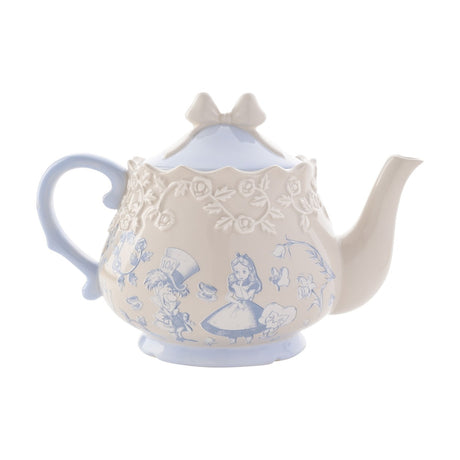 Alice in Wonderland stoneware teapot in beige with light blue handle, spout, and bow-shaped lid, featuring Alice and the Mad Hatter illustrations and a raised rose band, on a white background.