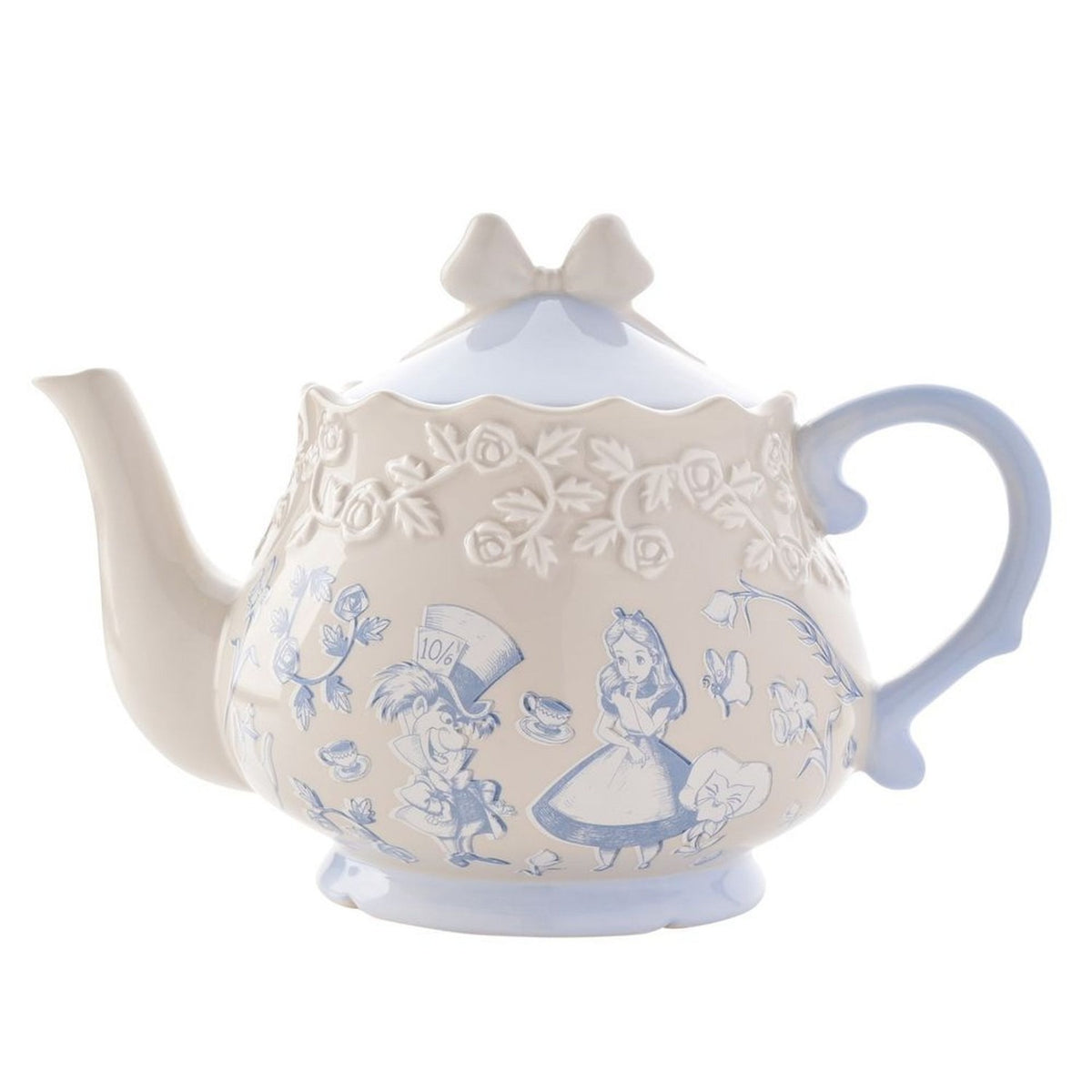 Beige stoneware Alice in Wonderland teapot with light blue handle, spout and bow-shaped lid finial, raised rose detailing, and printed Alice and Mad Hatter scenes.