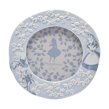Round ceramic photo frame in pale powder blue with raised white rose and leaf detailing, featuring Alice and the Mad Hatter, 4 x 4in opening, on a plain background.
