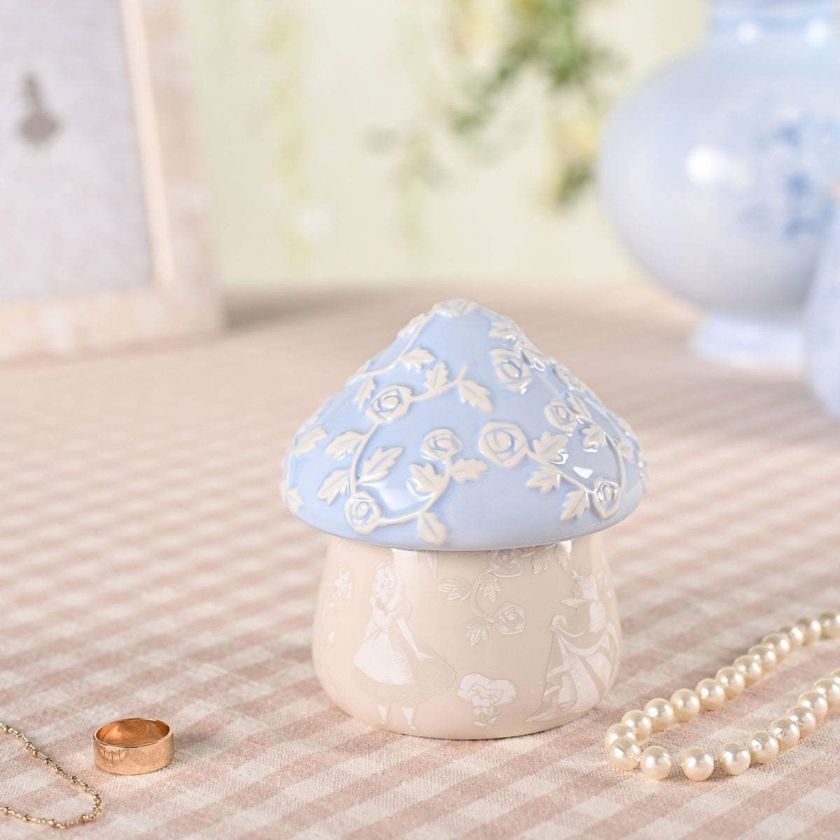 Alice in Wonderland Ceramic Mushroom Trinket Box - Blue & Beige