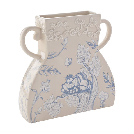 Alice in Wonderland large ceramic vase in beige with light blue line art of the Cheshire Cat on a tree branch, raised rose band at the neck and two scroll handles, shown on a plain white background.