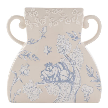 Large ceramic vase in beige with light blue line art of the Cheshire Cat in a tree, flowers and butterfly, scroll handles and a raised rose band at the neck, shown on a white background.