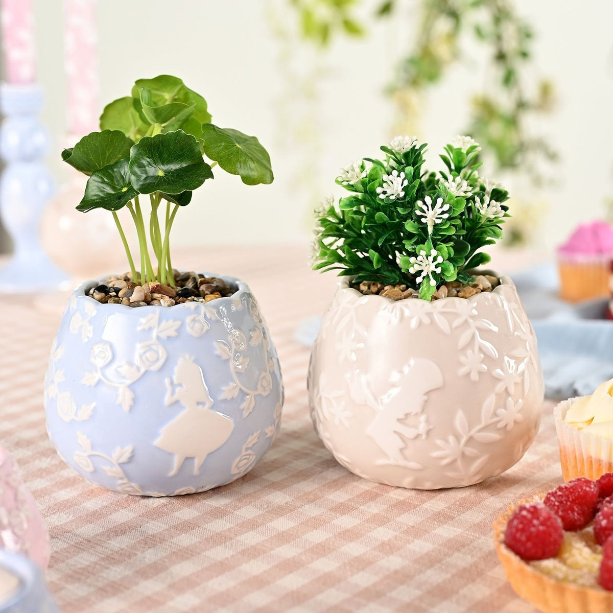 Set of 2 mini round ceramic planters with scalloped rims, featuring Alice in Wonderland relief designs, one blue holding a leafy plant, one beige holding white flowers.
